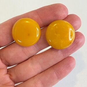 Vintage Lucite Clip On Earrings Egg Yolk Yellow Marbled Button Mod Pop Art